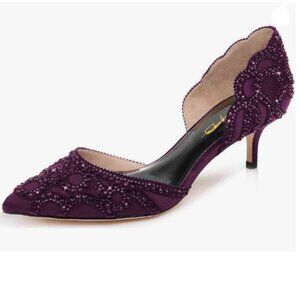 XYD Dark Purple Elegant Pointed Toe D'Orsay Kitten Heel Rhinestone Studs Pump